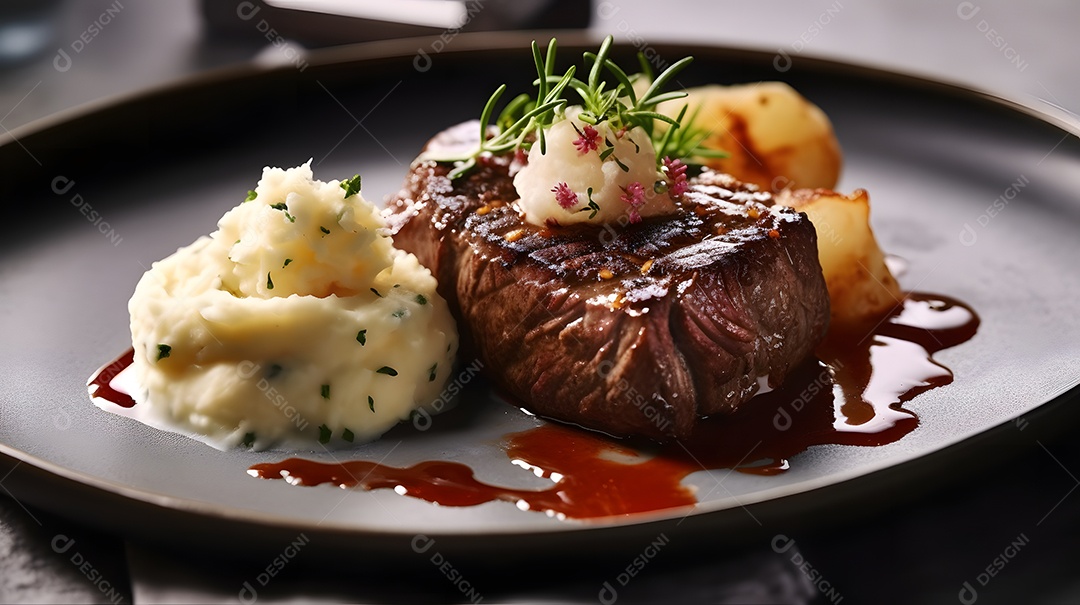 Prato De Bife De Filé Mignon Com Purê De Batata Ao Lado