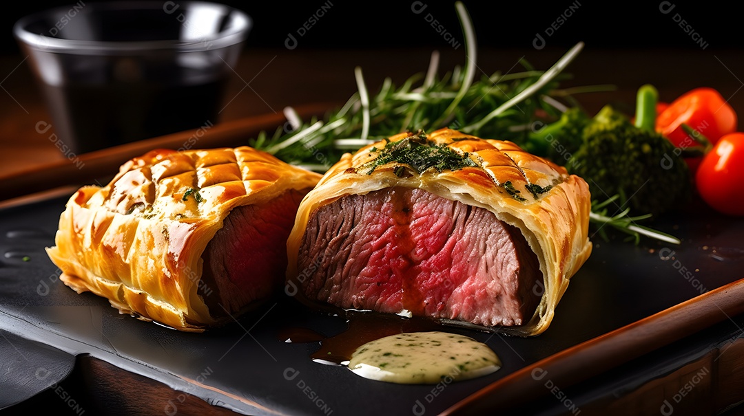 Bife Wellington Carne sobre prato branco
