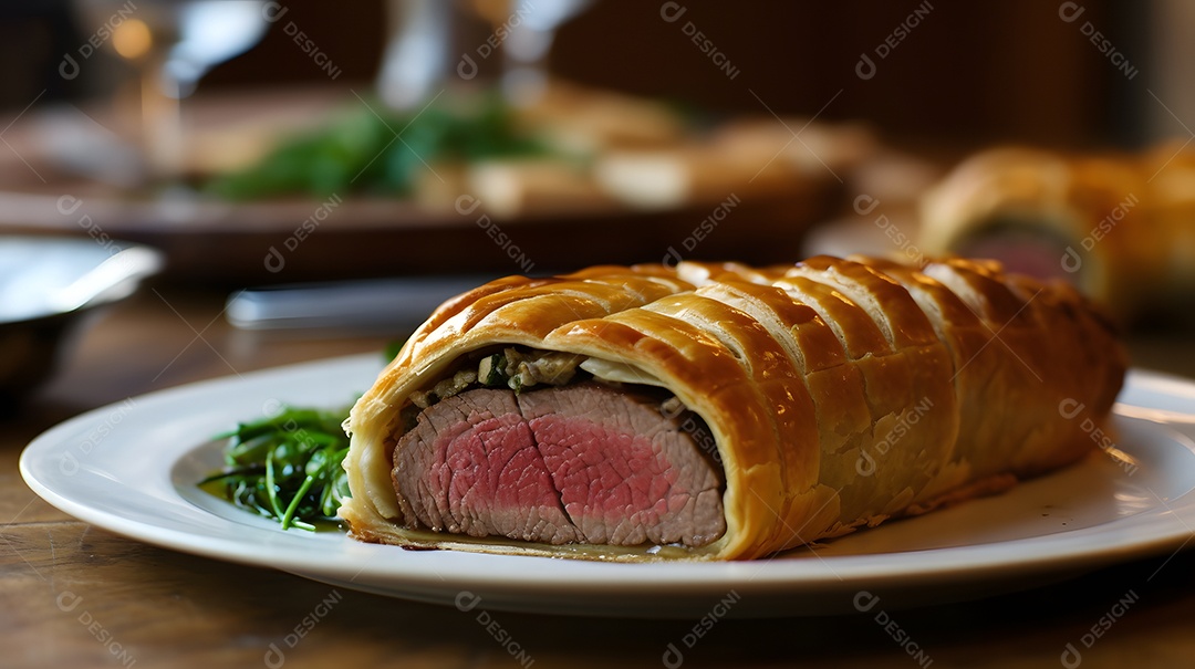Bife Wellington Carne sobre prato branco