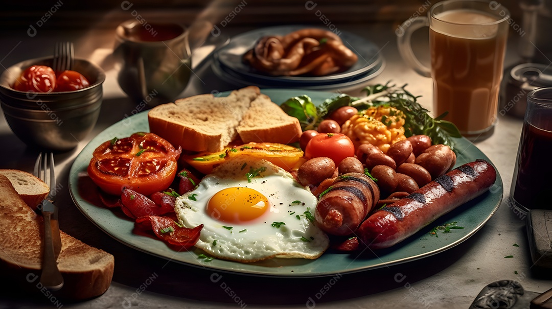 Prato de comida alimento linguiça ovo frito salada