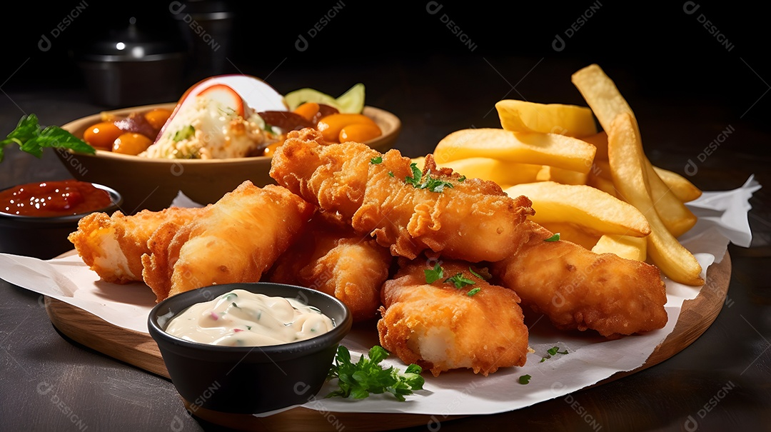 Peixe e fritas sobre uma mesa