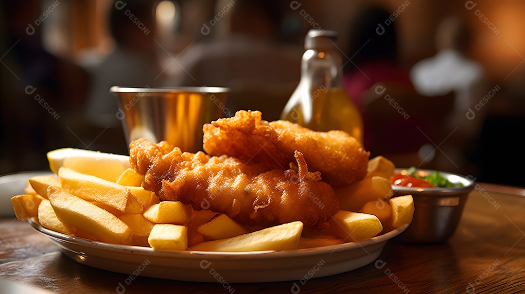 Peixe e fritas sobre uma mesa