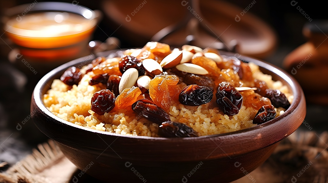 Prato de comida cuzcuz sobre uma mesa de madeira