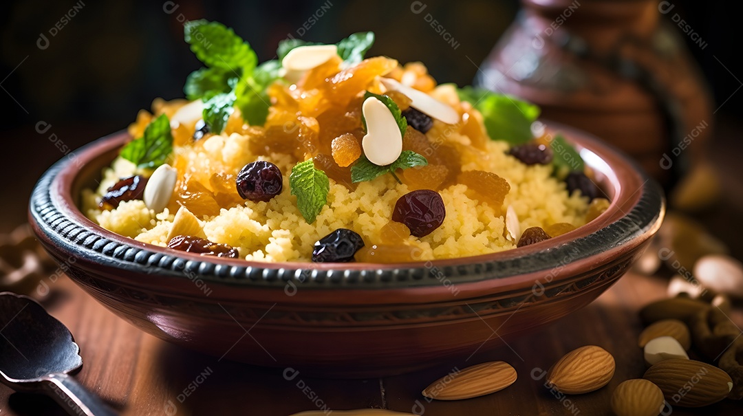 Prato de comida cuzcuz sobre uma mesa de madeira