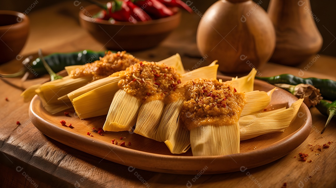 Tamal Prato sobre uma mesa de madeira