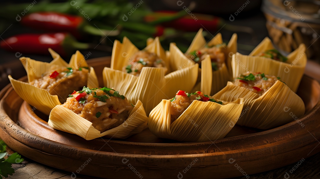 Tamal Prato sobre uma mesa de madeira