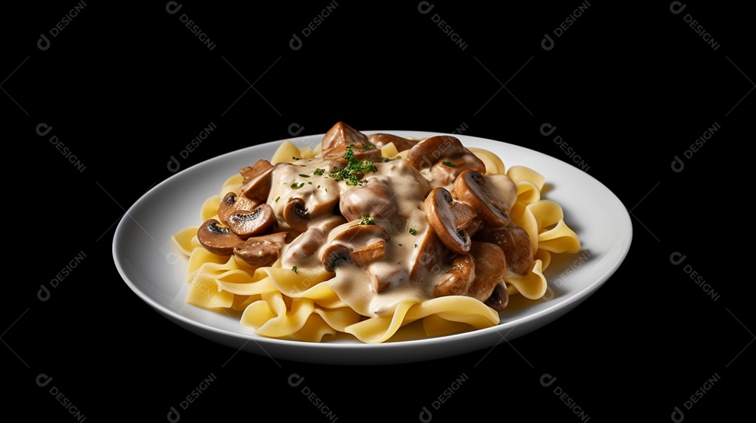 Macarrão com molho sobre prato em uma mesa de restaurante