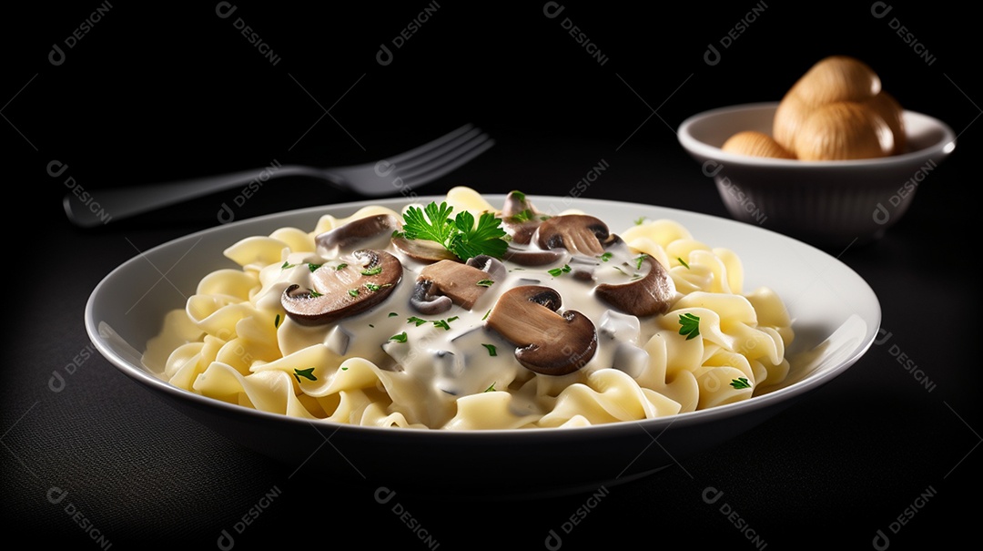 Macarrão com molho sobre prato em uma mesa de restaurante