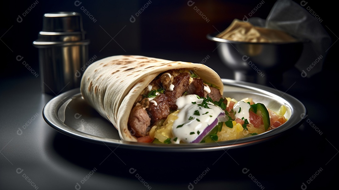 Panqueca sobre um prato em uma mesa restaurante