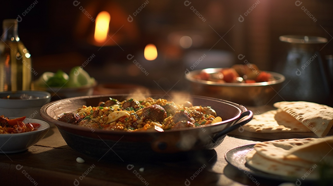 Feijão tropeiro sobre tigela em uma mesa de restaurante