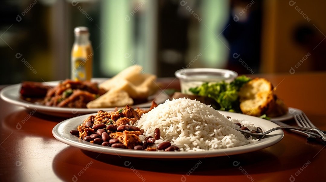 Prato de comida arroz e feijão tropeiro sobre uma mesa de restaurante
