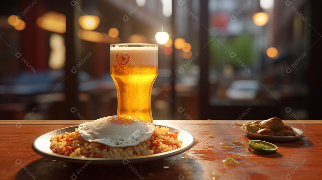 Prato de comida ovo frito arroz e feijão sobre uma mesa de restaurante