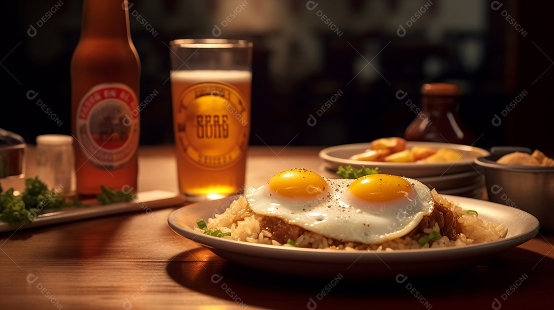 Prato de comida ovo frito arroz e feijão sobre uma mesa de restaurante