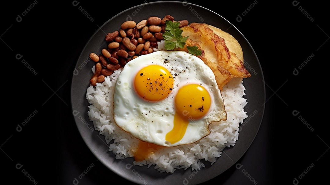 Prato de comida ovo frito arroz e feijão sobre uma mesa de restaurante
