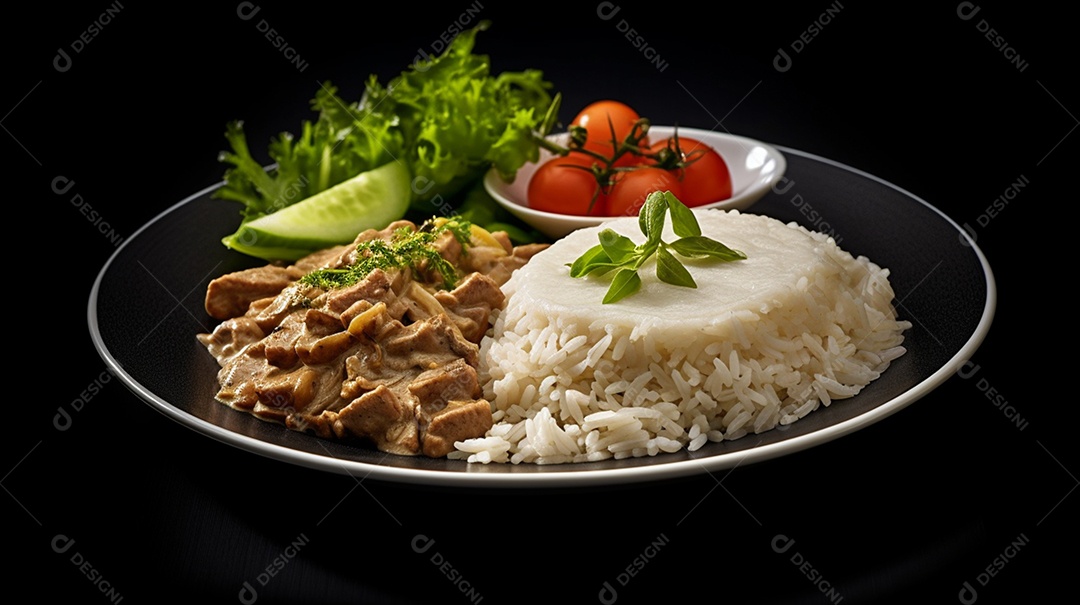 Prato de comida arroz batata frita sobre uma mesa de restaurante