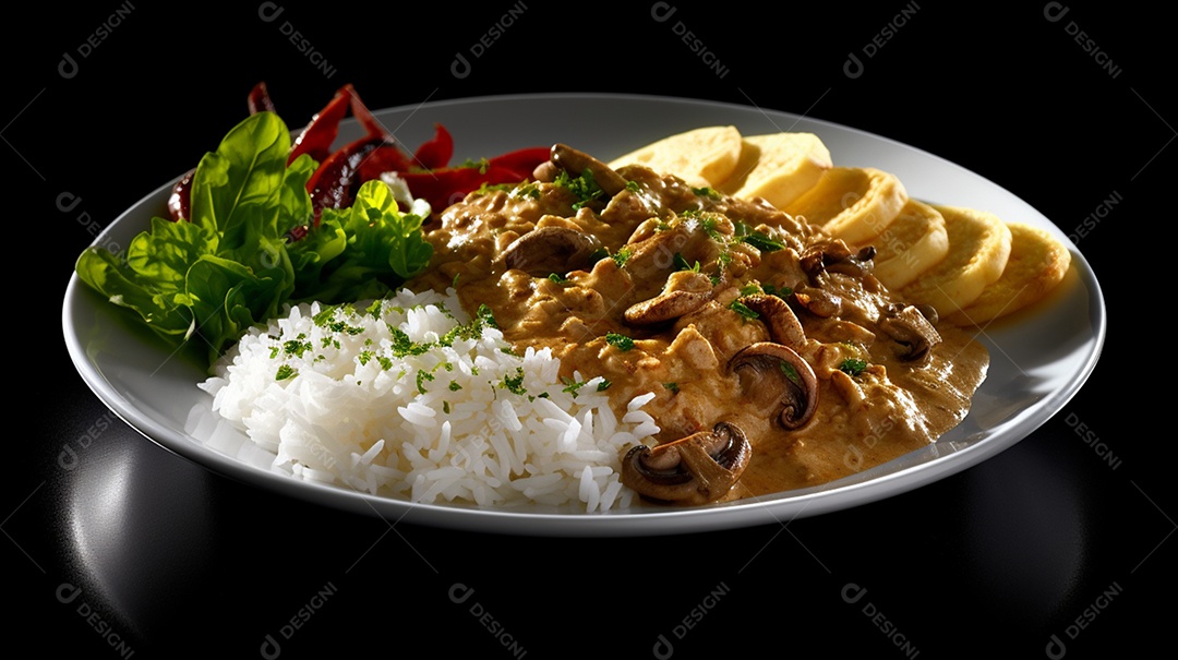 Prato de comida arroz batata frita sobre uma mesa de restaurante