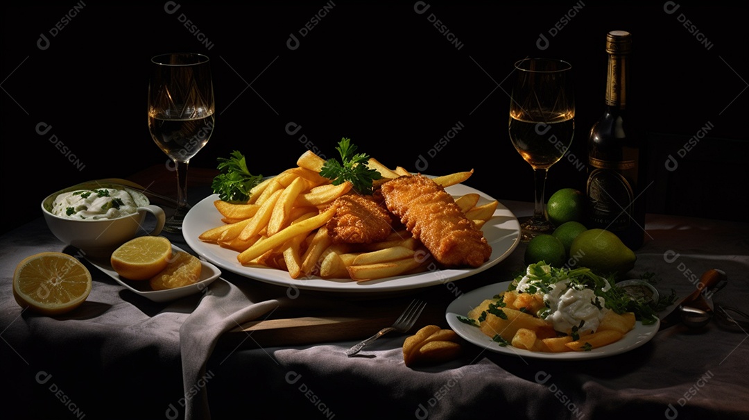 Prato de comida batata frita molho e fritas sobre uma mesa de restaurante