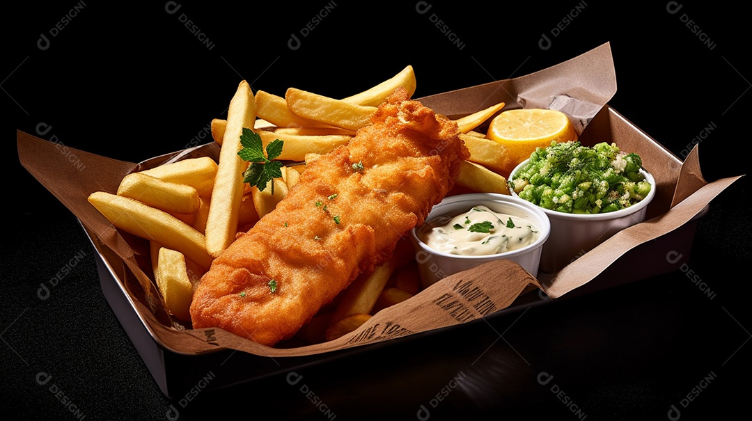 Prato de comida batata frita molho e fritas sobre uma mesa de restaurante