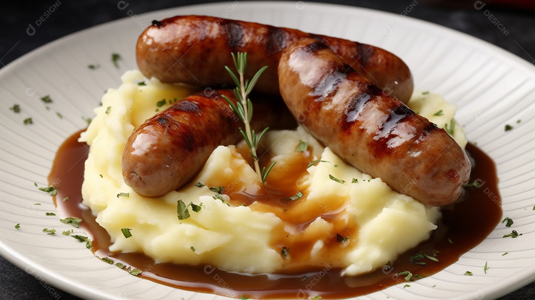 Prato de comida linguiça e purê sobre uma mesa de restaurante