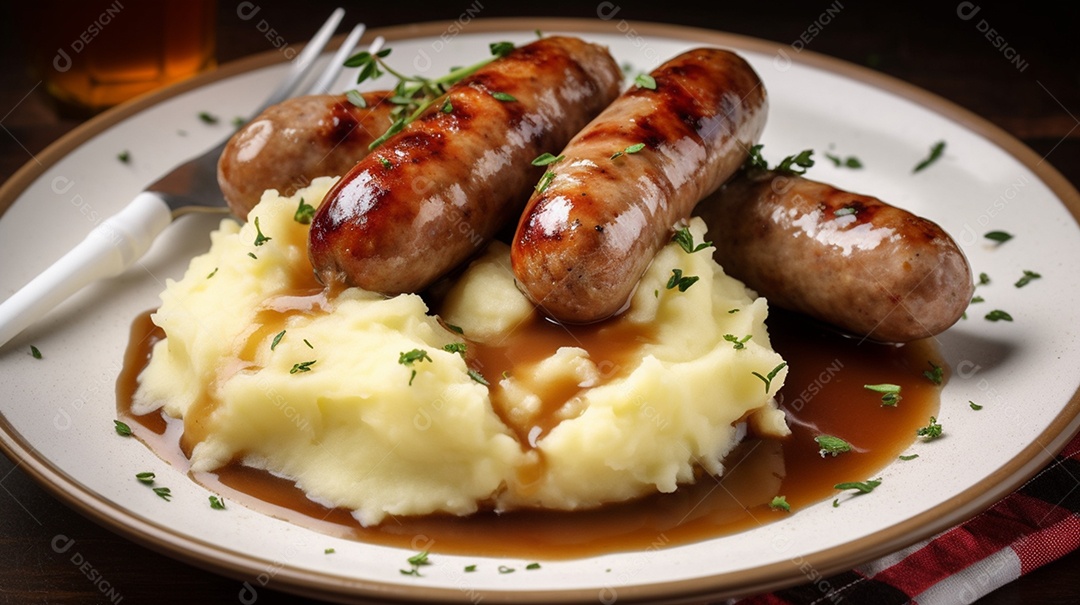 Prato de comida linguiça e purê sobre uma mesa de restaurante