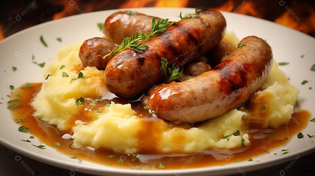 Prato de comida linguiça e purê sobre uma mesa de restaurante