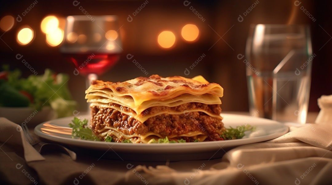 Prato de comida fatia de lasanha sobre uma mesa de restaurante