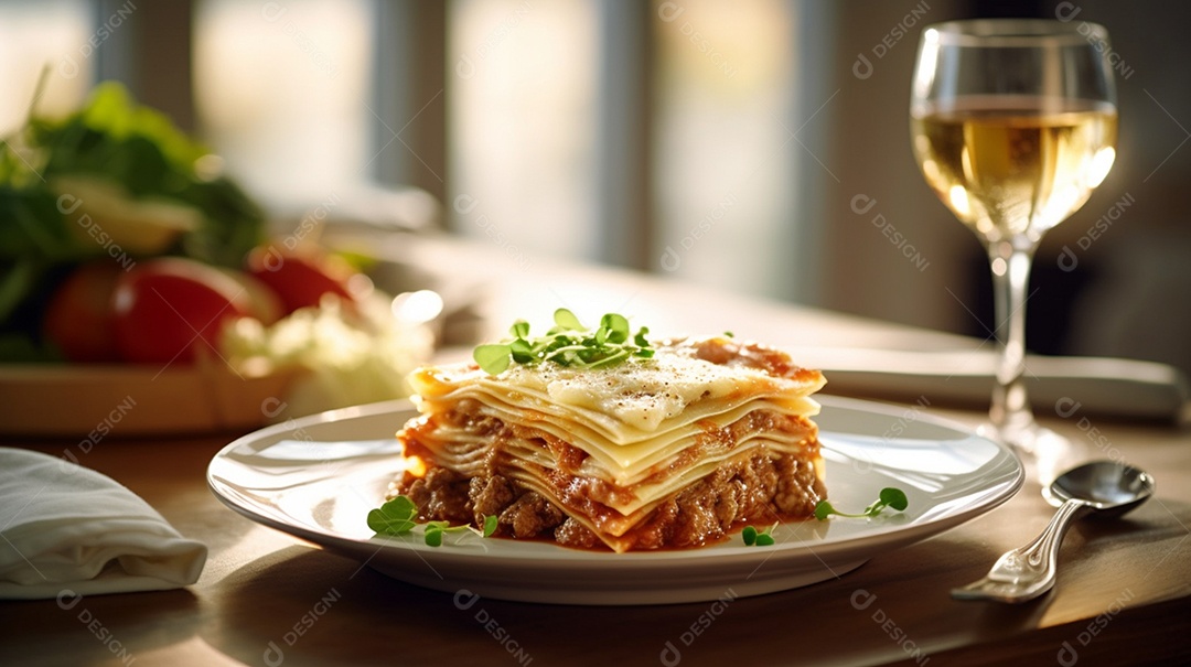 Prato de comida fatia de lasanha sobre uma mesa de restaurante