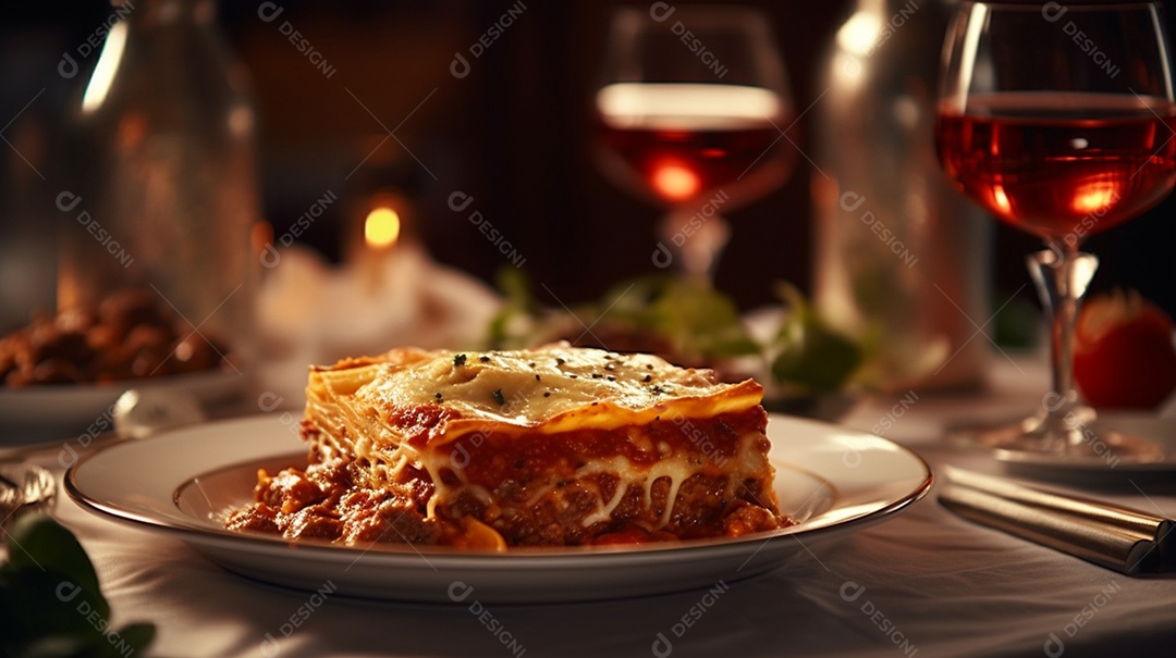 Prato de comida fatia de lasanha sobre uma mesa de restaurante