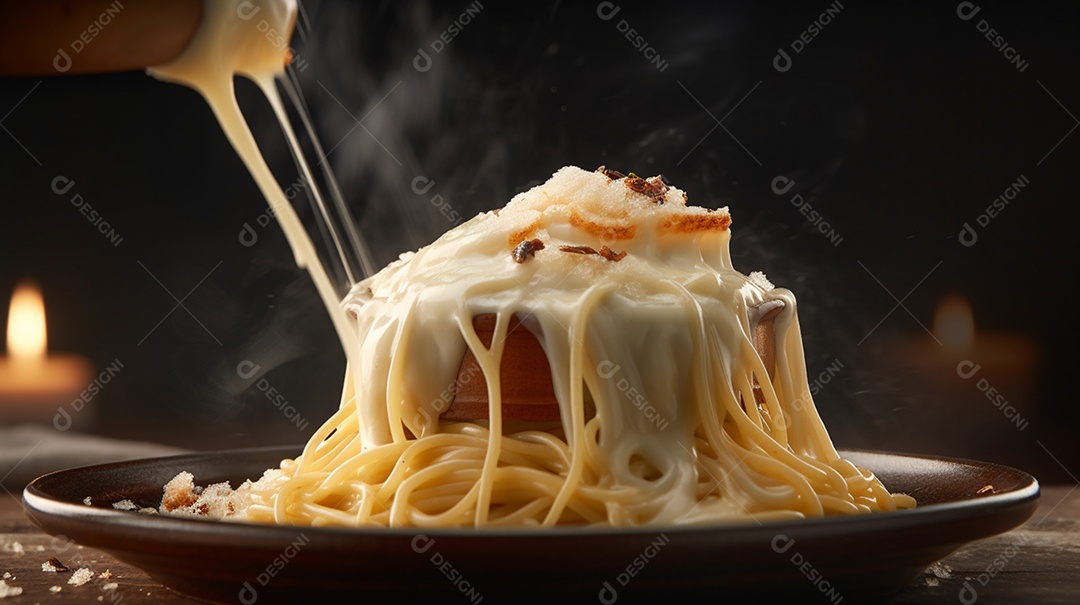 Prato de comida macarrão com queijo sobre uma mesa de restaurante