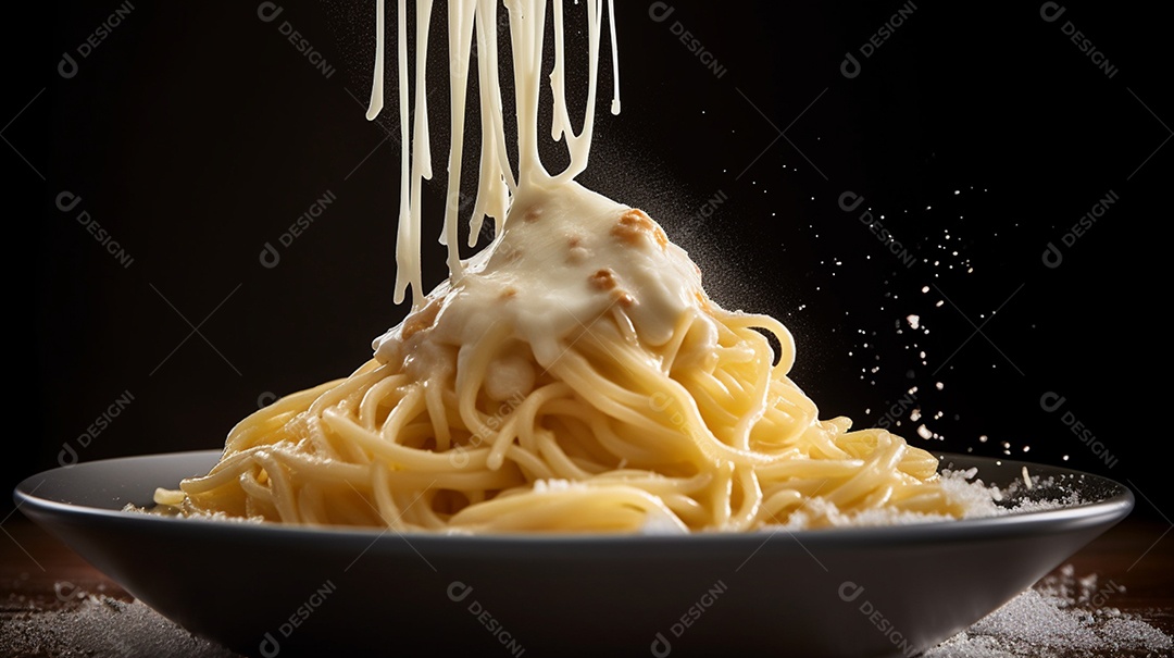 Prato de comida macarrão com queijo sobre uma mesa de restaurante