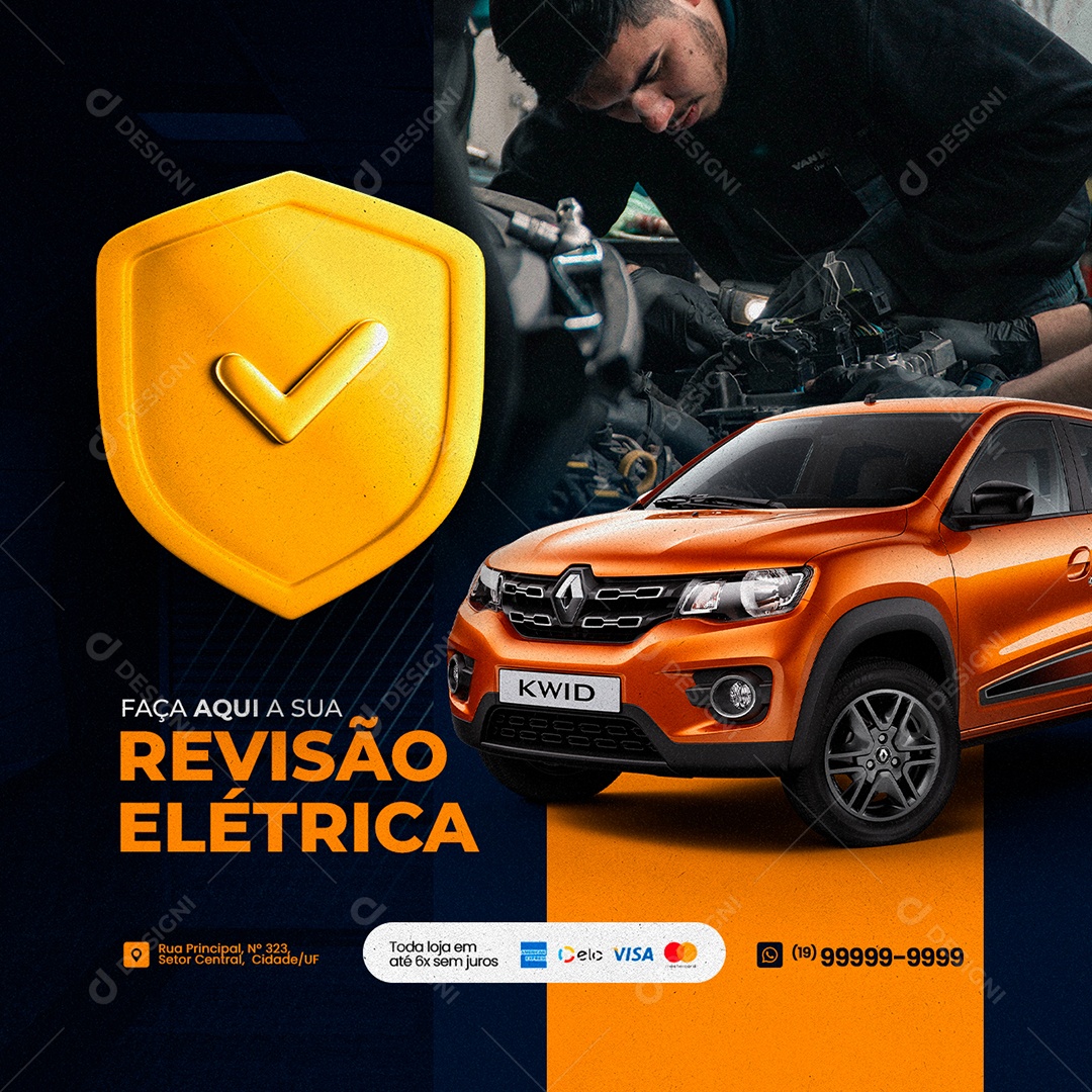 Faça Aqui Sua Revisão Elétrica Oficina Mecânica Social Media PSD Editável