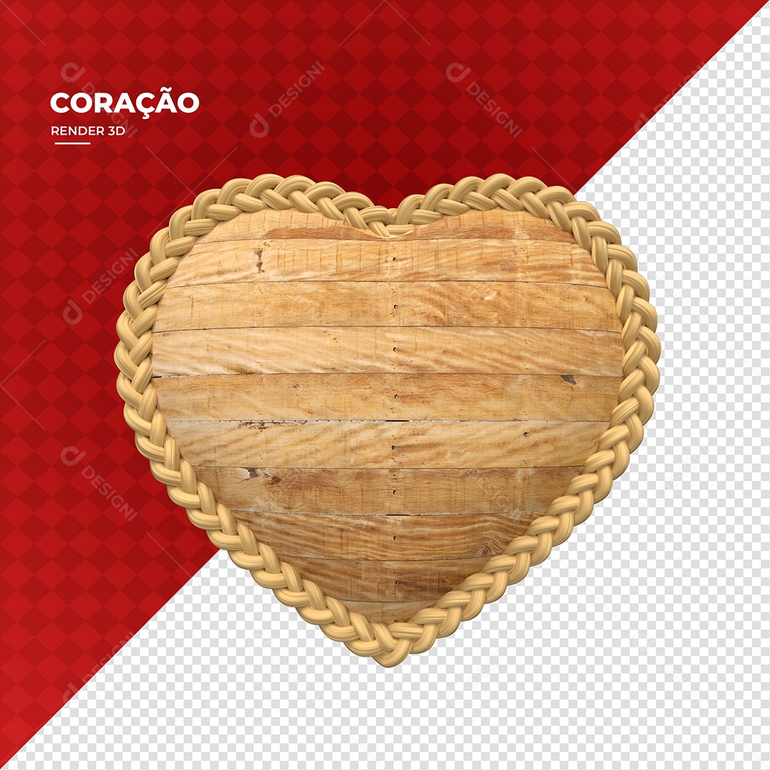 Coração De Madeira Com Moldura De Corda Elemento 3D Para Composição PSD