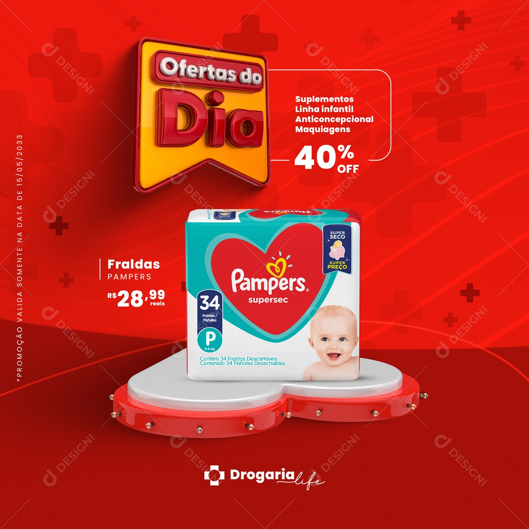 Ofertas do Dia Fraldas Pampers R$ 28,98 Farmácia Drogaria Social Media PSD Editável