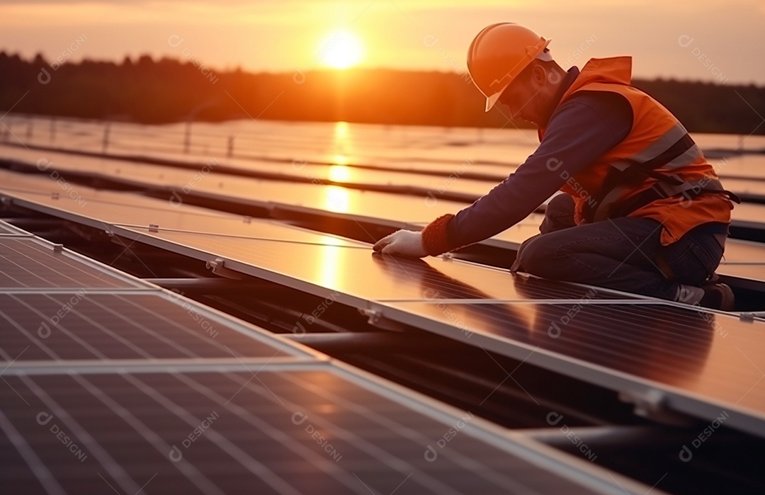 Homem técnico instalador de placas solares