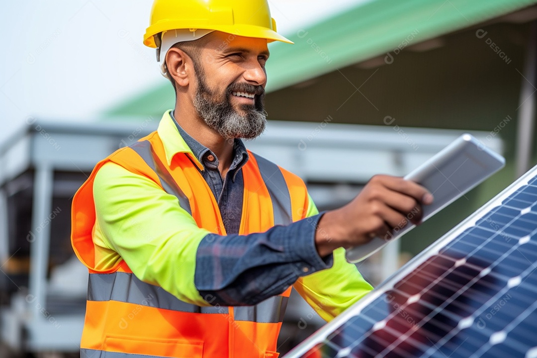 Homem técnico instalador de placas solares