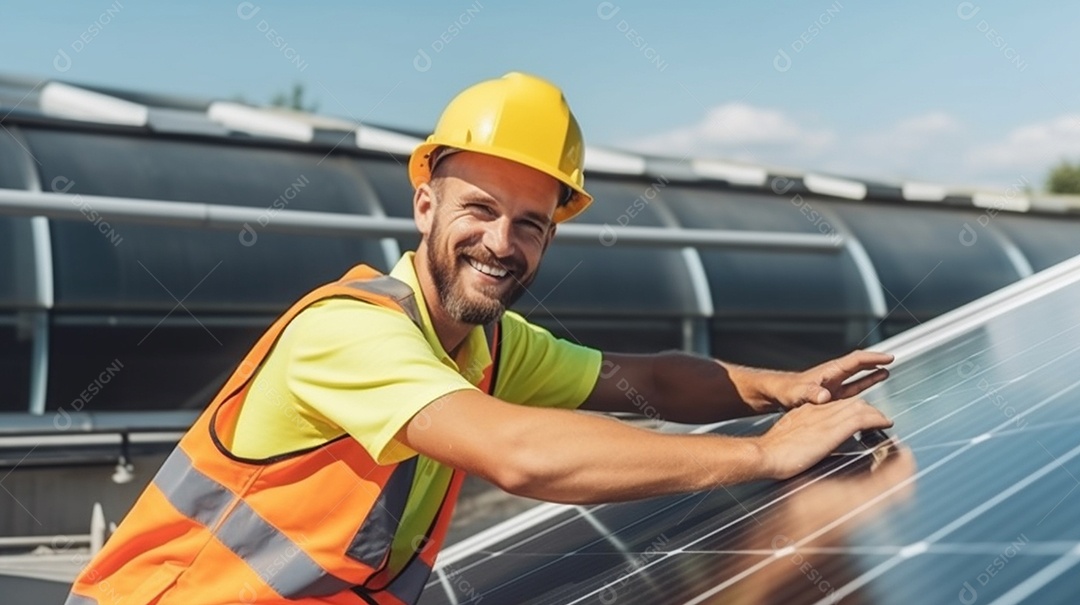 Homem técnico instalador de placas solares