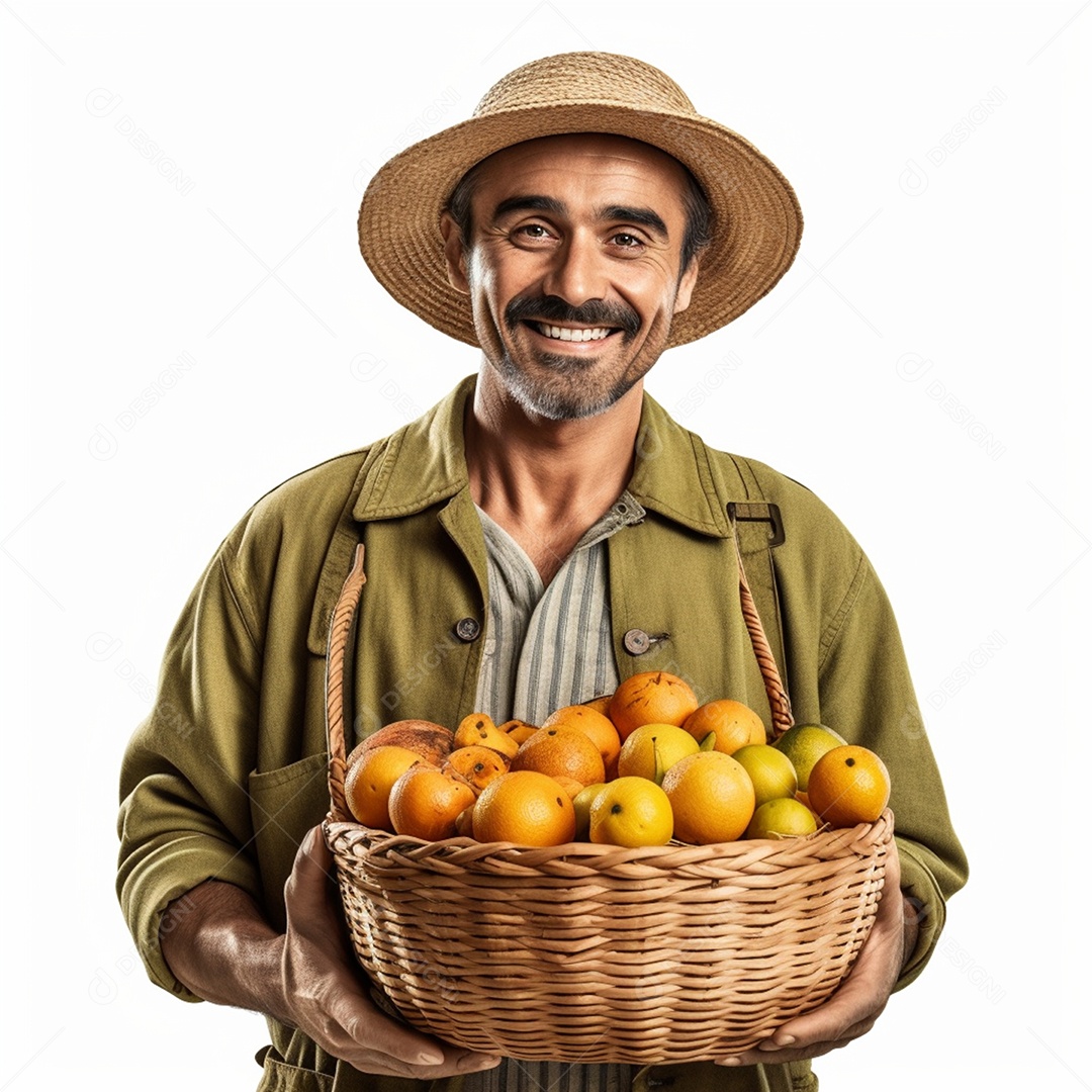 Homem com cesta de laranjas agricultor em fundo branco