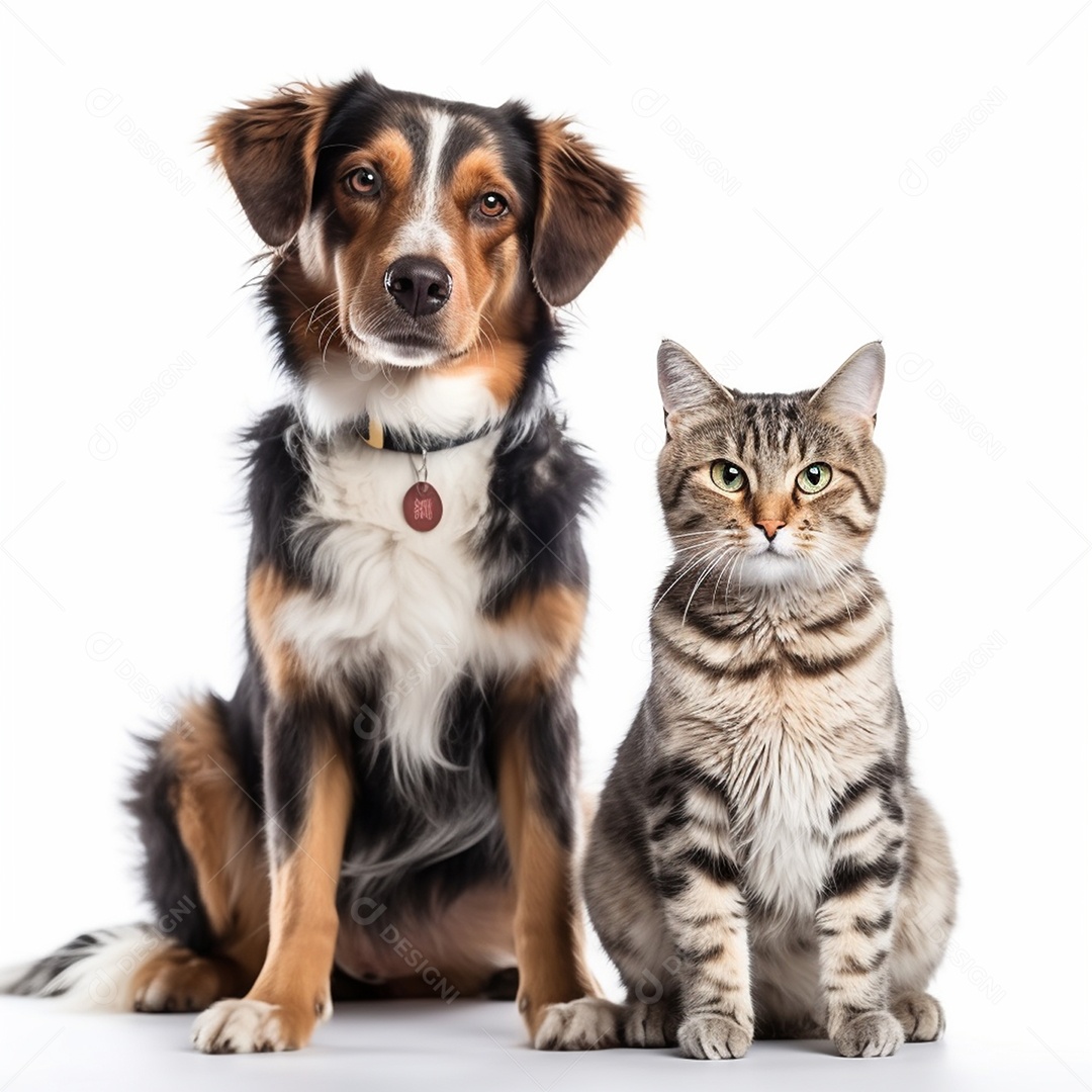 Animais de estimação gato e cachorro fundo branco