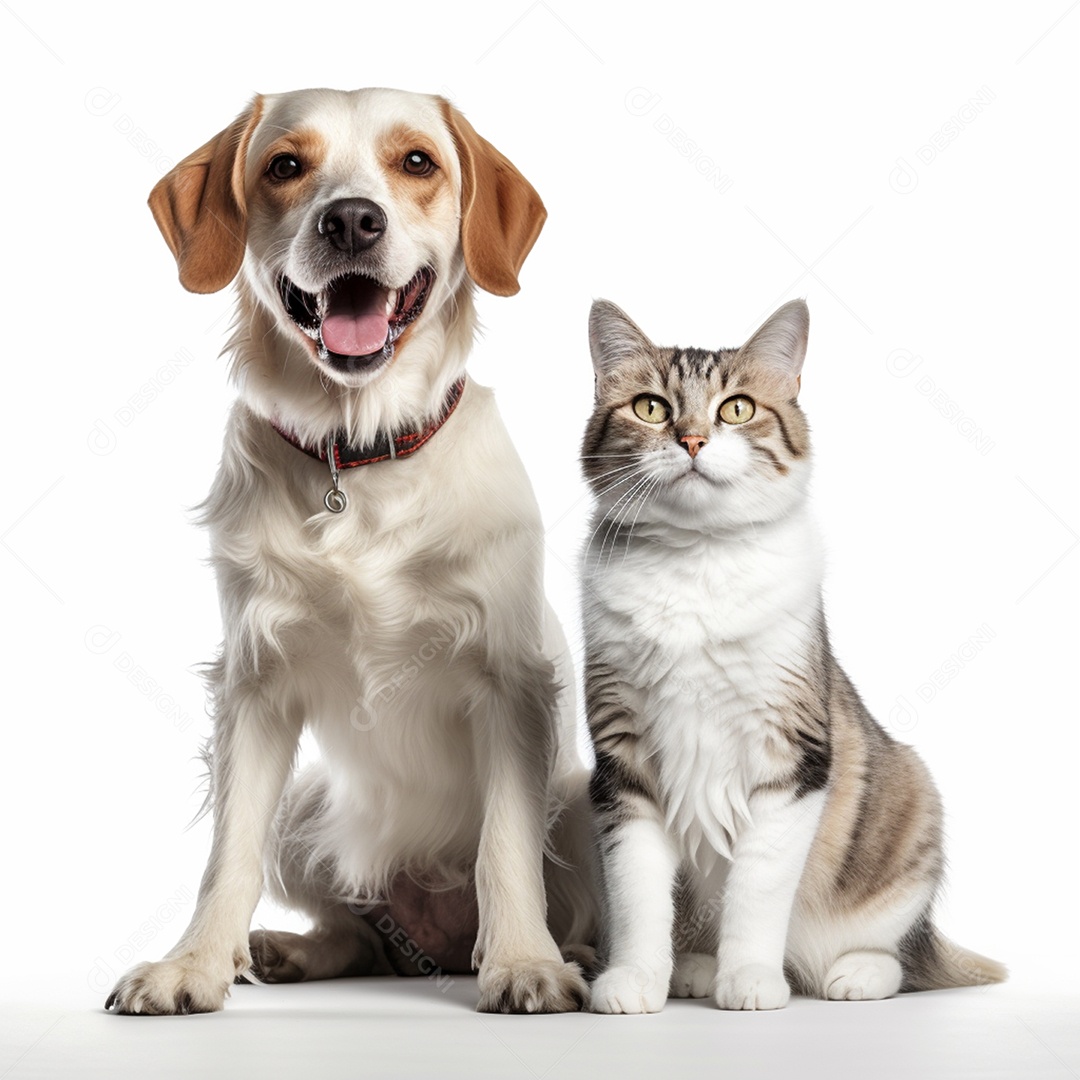 Animais de estimação gato e cachorro fundo branco