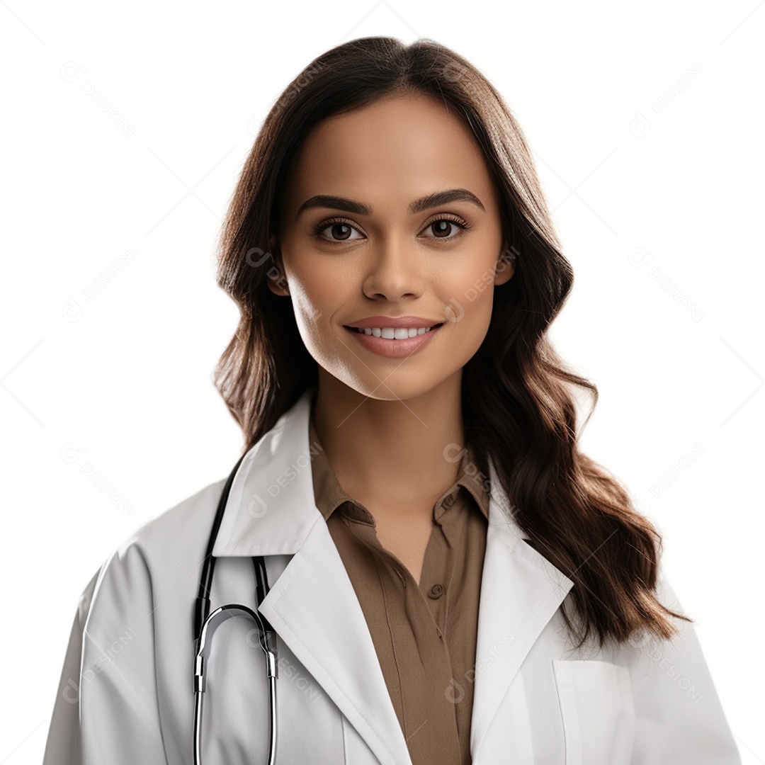 Linda médica com jaleco em fundo branco