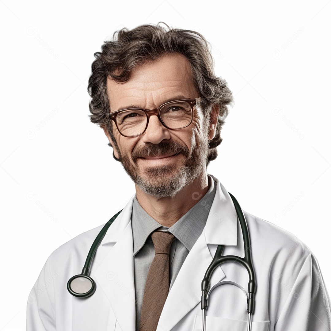 Médico sorridente em fundo branco