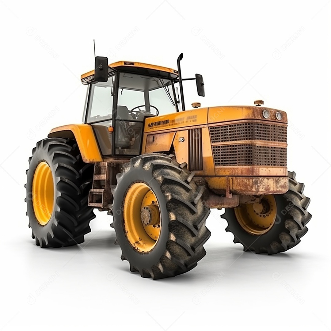 Trator agrícola amarelo em fundo branco