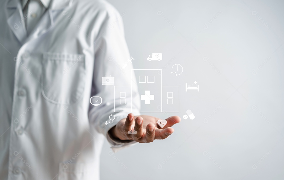 Médico em um uniforme de jaleco branco segurando ícone de serviço hospitalar 24 horas por dia
