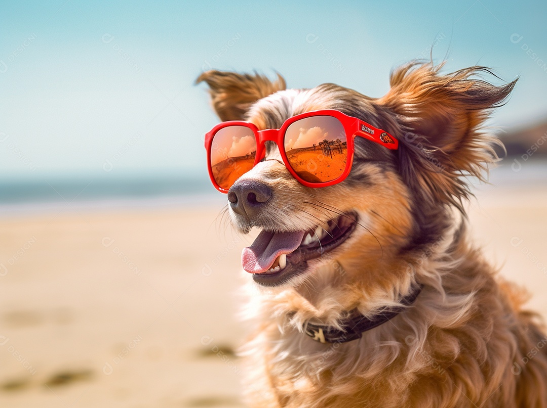 Cachorro fofo aproveitando a praia no dia ensolarado