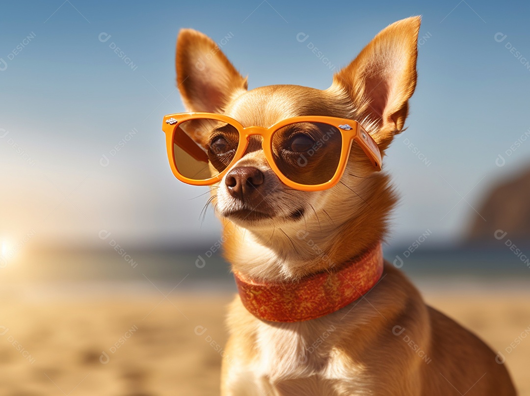 Cachorro fofo aproveitando a praia no dia ensolarado