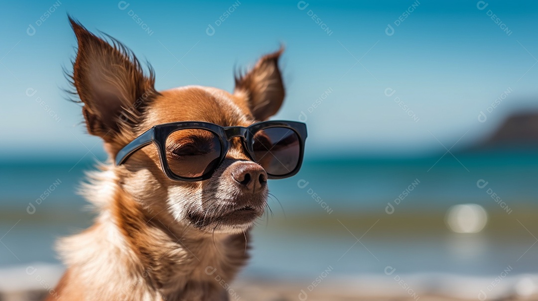 Cachorro fofo aproveitando a praia no dia ensolarado