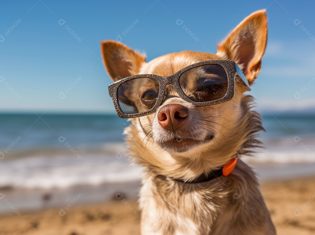 Cachorro fofo aproveitando a praia no dia ensolarado