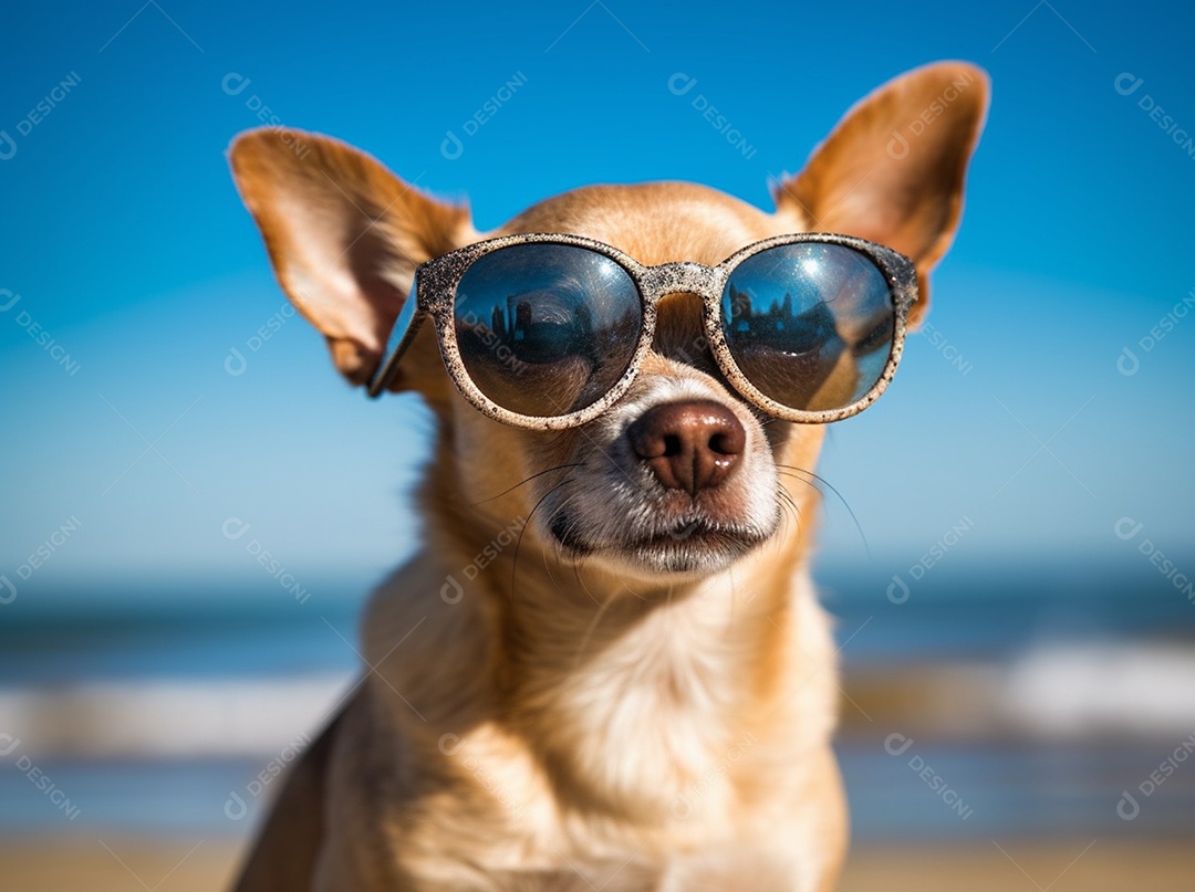Cachorro fofo aproveitando a praia no dia ensolarado