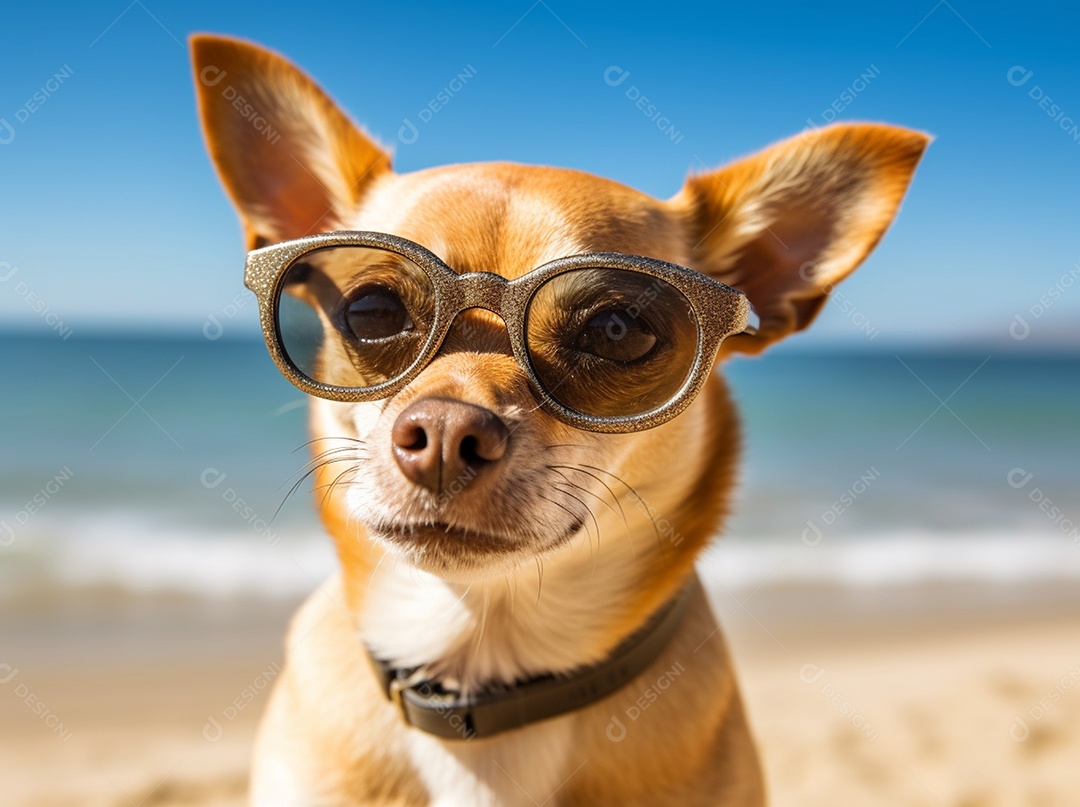 Cachorro fofo aproveitando a praia no dia ensolarado