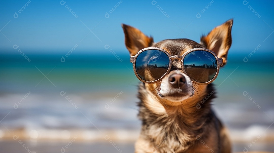 Cachorro fofo aproveitando a praia no dia ensolarado